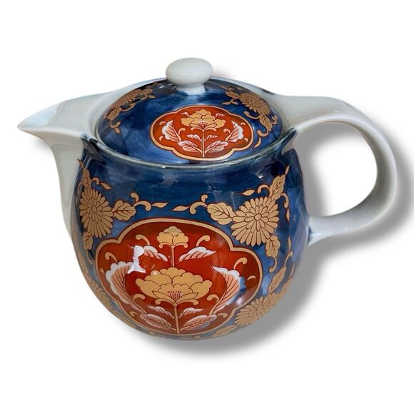 Vintage Arita Ware Red, Blue & Gold Floral Design Teapot  w/Lid and Tea Strainer - Picture 12 of 16